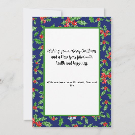 赤とモダン緑のホリーのメリークリスマスの写真 シーズンカード (裏面)