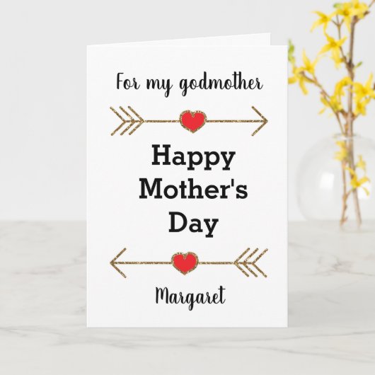 赤とモダン金ゴールドが母の日を祝うゴッドマザー カード (黄色い花)