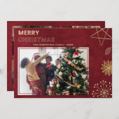 赤とモダン金ゴールドメリークリスマス家族の写真 シーズンカード (正面/裏面)