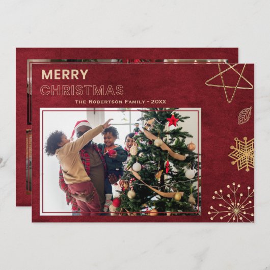 赤とモダン金ゴールドメリークリスマス家族の写真 シーズンカード (正面/裏面)