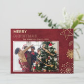 赤とモダン金ゴールドメリークリスマス家族の写真 シーズンカード (スタンド正面)