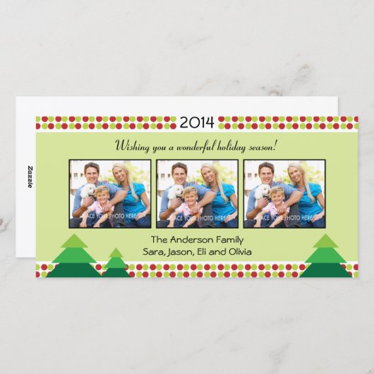 赤とライムグリーン、3フォトフレームクリスマス シーズンカード (正面/裏面)