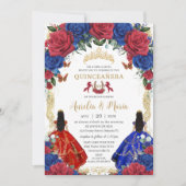 赤とロイヤルブルーの花柄 ツインズのキンバセンテ クイーンセニョリータ XV 誕生日 招待状 (正面)