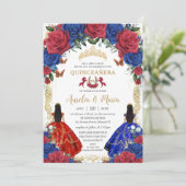 赤とロイヤルブルーの花柄 ツインズのキンバセンテ クイーンセニョリータ XV 誕生日 招待状 (スタンド正面)