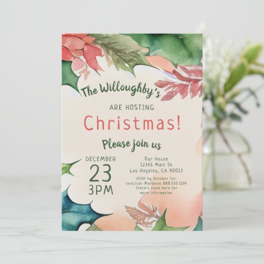 赤と伝統的緑のクリスマスホリデーパーティー 招待状 (スタンド正面)