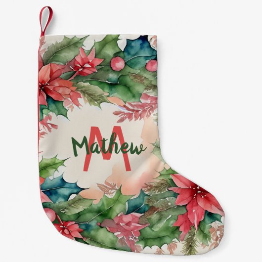 赤と伝統的緑のクリスマスホリーリース スモールクリスマスストッキング (正面)