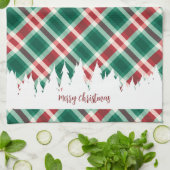 赤と伝統的緑の格子模様のクリスマスツリー キッチンタオル (折り畳み)
