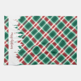 赤と伝統的緑の格子模様のクリスマスツリー キッチンタオル