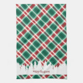 赤と伝統的緑の格子模様のクリスマスツリー キッチンタオル (縦)