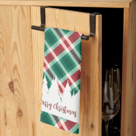 赤と伝統的緑の格子模様のクリスマスツリー キッチンタオル