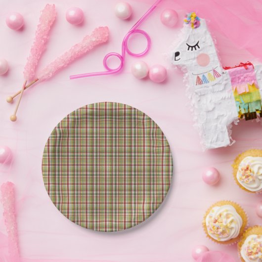 赤と伝統的緑の格子模様のクリスマスプレート ペーパープレート (パーティー)