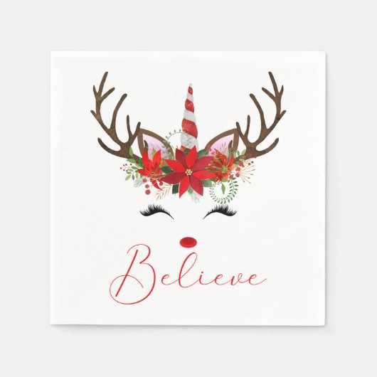 赤と信じ白のクリスマスのトナカイのユニコーン スタンダードカクテルナプキン (正面)