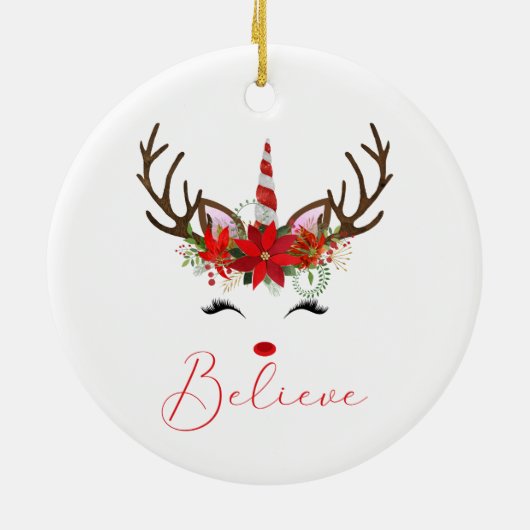 赤と信じ白のクリスマスのトナカイのユニコーン セラミックオーナメント (裏面)