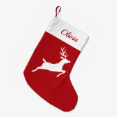 赤と名前をカスタムするの白トナカイのシルエット スモールクリスマスストッキング (正面 (吊り時))