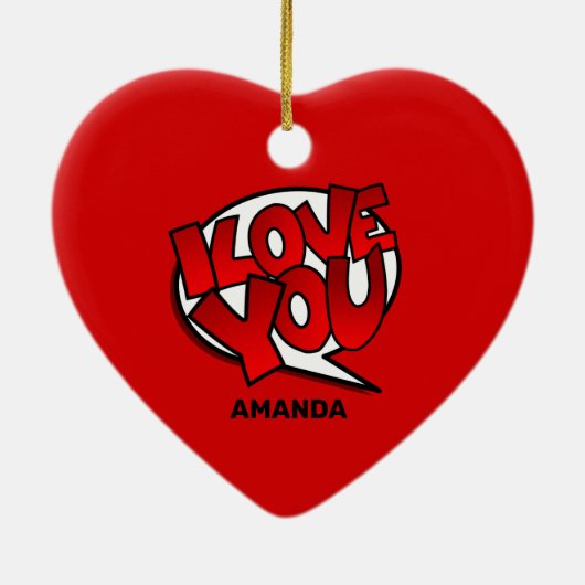 赤と明るはっきりしたいアポップ・アートのートスタイル-愛してる セラミックオーナメント (裏面)