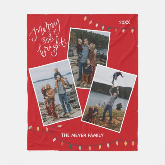 赤と明メリーるいクリスマスライト家族の写真 フリースブランケット (正面)