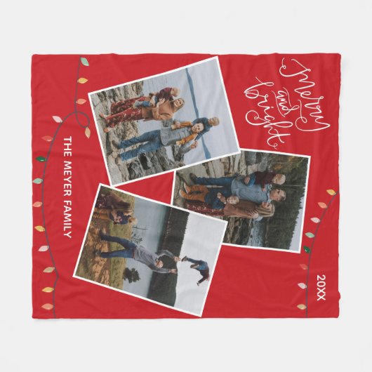 赤と明メリーるいクリスマスライト家族の写真 フリースブランケット (正面(横))