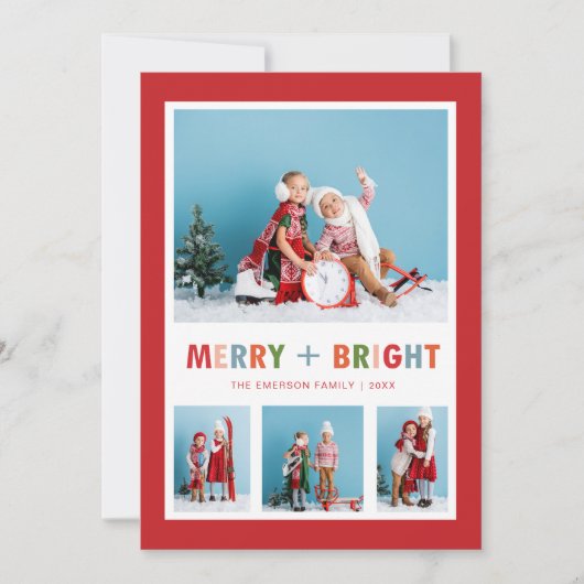 赤と明メリーるい写真コラージュのクリスマス シーズンカード (正面)