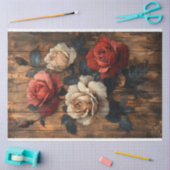 赤と桃ピンクのバラのペイントウッドデコパージュ 薄葉紙 (クラフト)