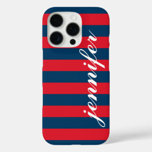 赤と海軍のストライプカスタム文字モノグラム名 iPhone 16 PROケース