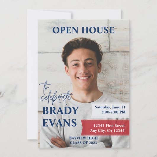 赤と海軍の写真卒業パーティー招待状 招待状 (正面)