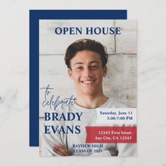 赤と海軍の写真卒業パーティー招待状 招待状 (正面/裏面)