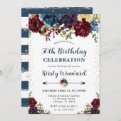 赤と海軍の冬の花50誕生日 招待状 (正面/裏面)