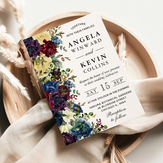 赤と海軍の冬結婚の花 招待状