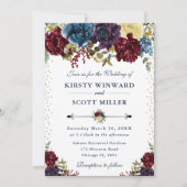 赤と海軍の冬結婚の花 招待状 (正面)