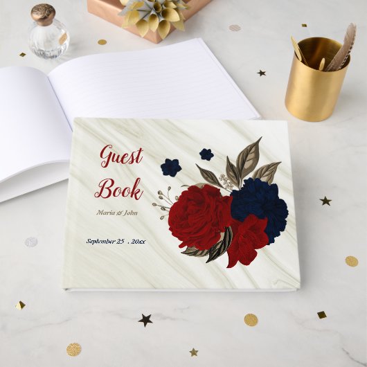 赤と海軍の花グレー植物大理石 ゲストブック (正面見開き)