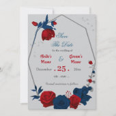 赤と海軍の青い花の幾何学的な日付保存 招待状 (正面)