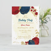 赤と海軍の青い花の金ゴールドの誕生日 招待状 (スタンド正面)