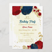 赤と海軍の青い花の金ゴールドの誕生日 招待状 (正面/裏面)