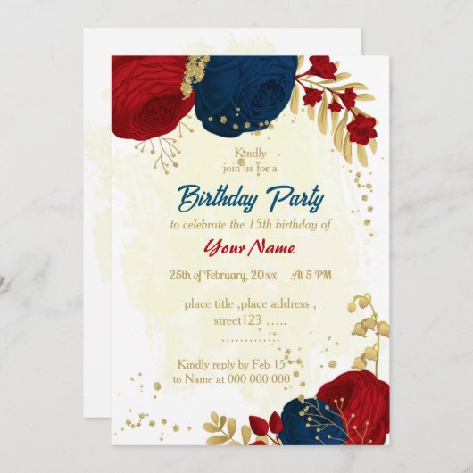 赤と海軍の青い花の金ゴールドの誕生日 招待状 (正面/裏面)