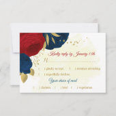 赤と海軍の青い花の金ゴールド葉の食事の選択 出欠カード (正面)