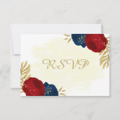 赤と海軍の青い花の金ゴールド葉の食事の選択 出欠カード (裏面)