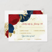 赤と海軍の青い花の金ゴールド葉の食事の選択 出欠カード (正面/裏面)