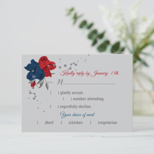 赤と海軍の青い花の食事の選択ボタニカル灰色 出欠カード (スタンド正面)