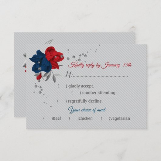 赤と海軍の青い花の食事の選択ボタニカル灰色 出欠カード (正面/裏面)