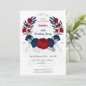 赤と海軍の青い花シルバーバースデー葉ター 招待状 (スタンド正面)