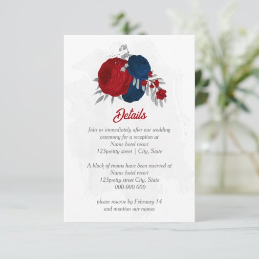 赤と海軍の青い花シルバーボタニ結婚ーズ エンクロージャーカード (スタンド正面)