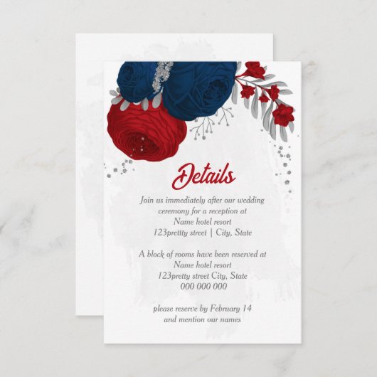 赤と海軍の青い花シルバーボタニ結婚ーズ エンクロージャーカード (正面/裏面)