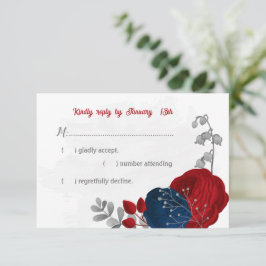 赤と海軍の青い花シルバーボタニ結婚ーズ 出欠カード