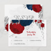 赤と海軍の青い花シルバーボタニ結婚ーズ 出欠カード (正面/裏面)