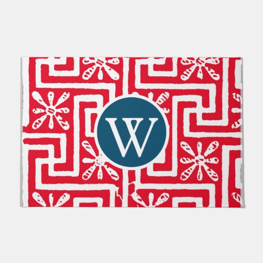 赤と海軍の青のギリシャ語の鍵の力 ドアマット (正面)