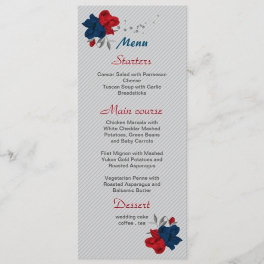 赤と海軍の青の花の植物性結婚の メニュー (正面)