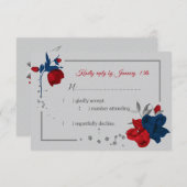赤と海軍の青の花ボタニカル灰色 出欠カード (正面/裏面)