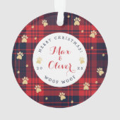 赤と海軍青のプレイドと金ゴールドポープのペット写真 オーナメント (裏面)