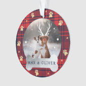 赤と海軍青のプレイドと金ゴールドポープのペット写真 オーナメント (正面)