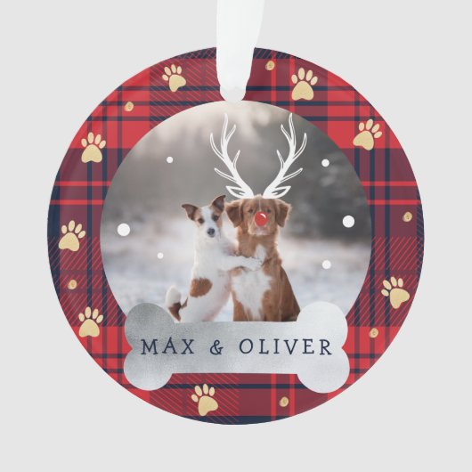 赤と海軍青のプレイドと金ゴールドポープのペット写真 オーナメント (正面)